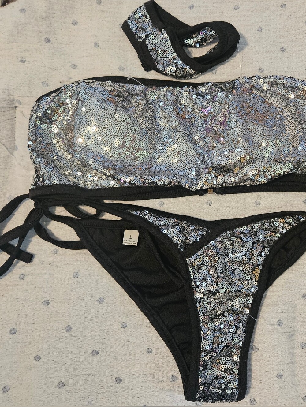 Sequin Bandeau Bathing Suit Silver Black Trim Necklace Festival Dancer stripper